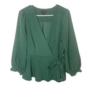 OLM Top Women's Large green Long Sleeve Blouse V Neck Smocked